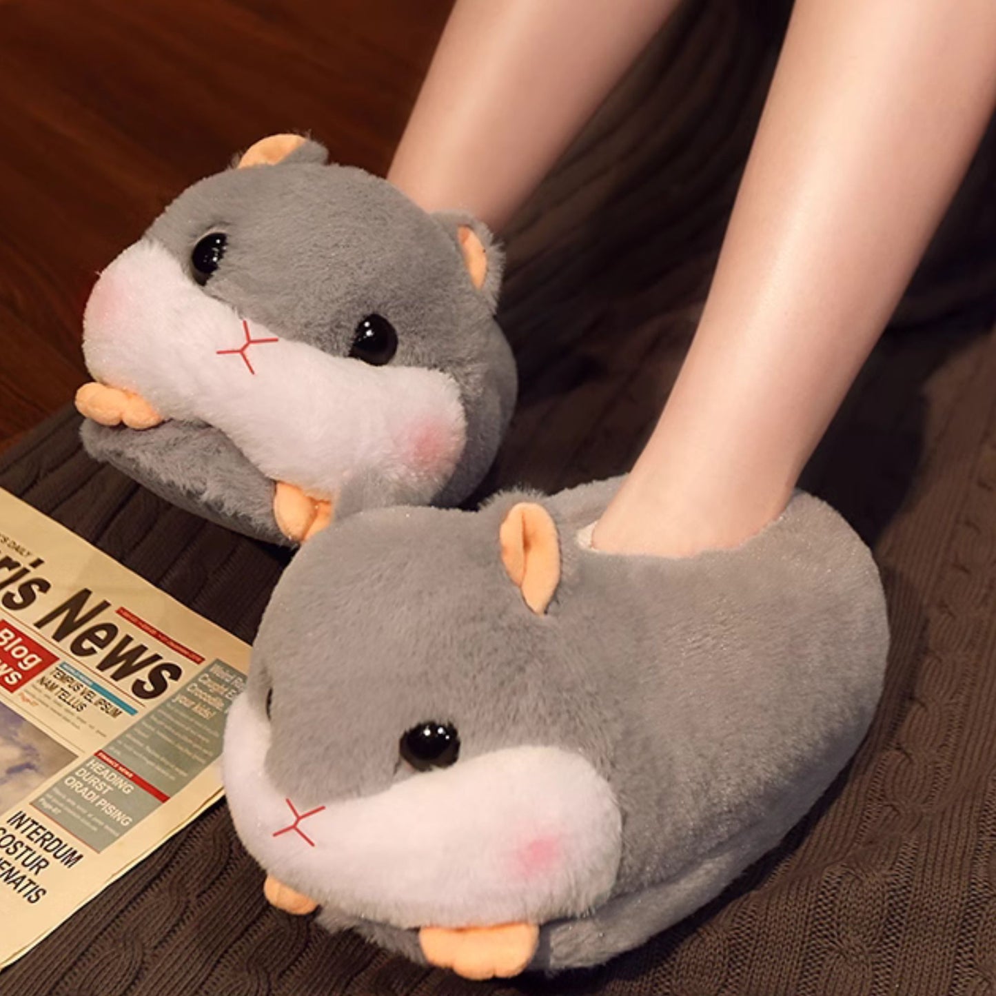 Grey Hamster Fluffy Cute Lounge Slippers