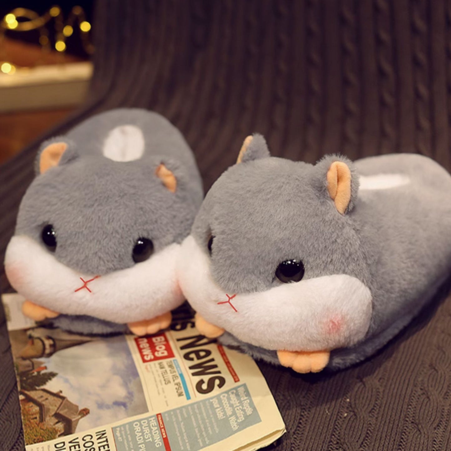 Grey Hamster Fluffy Cute Lounge Slippers