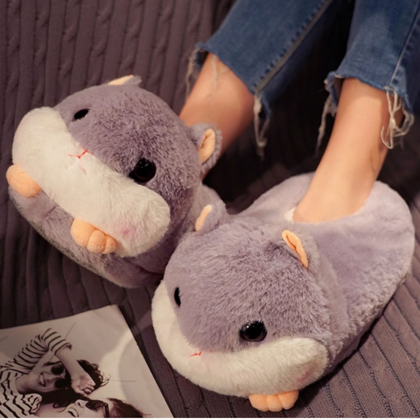 Grey Hamster Fluffy Cute Lounge Slippers