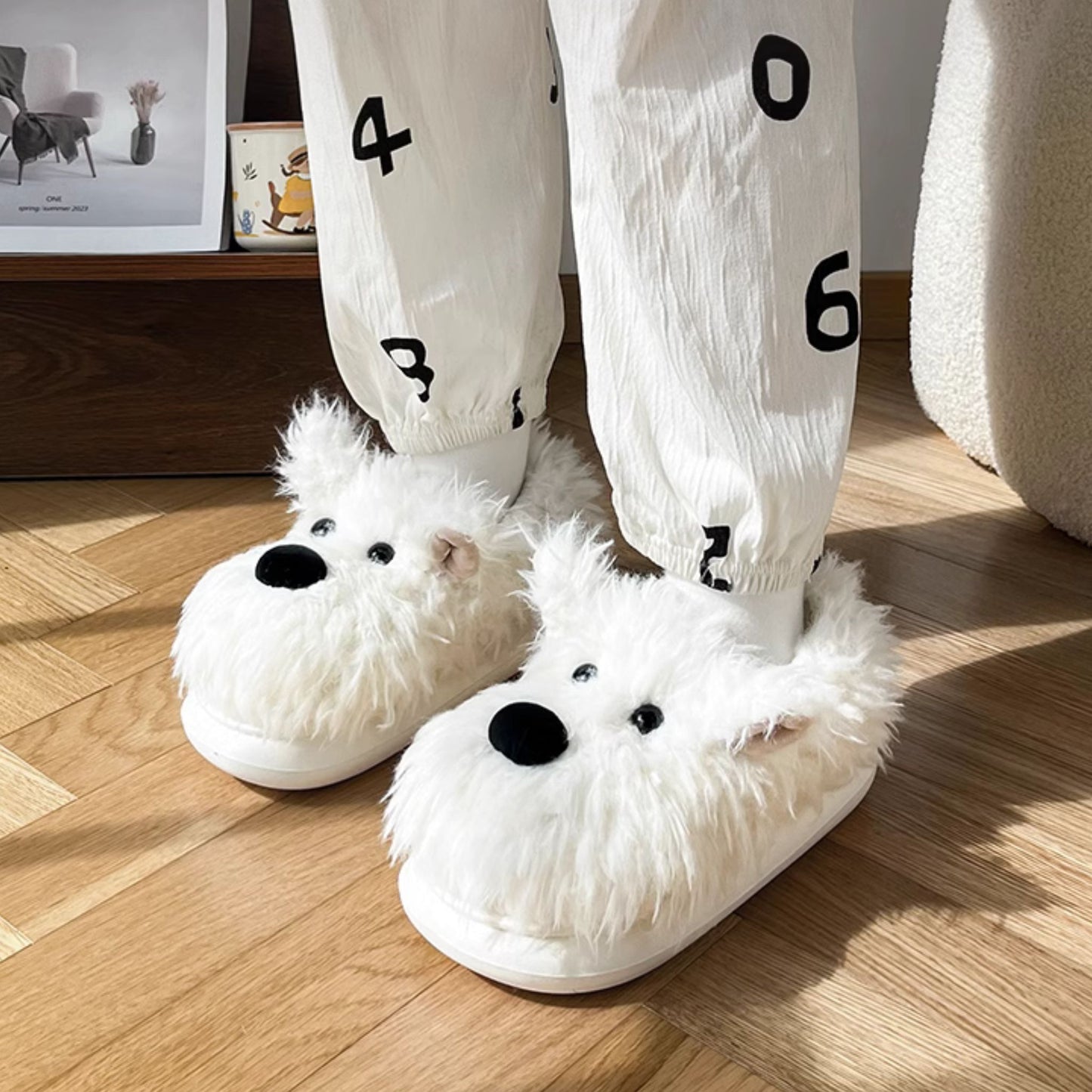 Fluffy White Dog Comfy Lounge Slippers